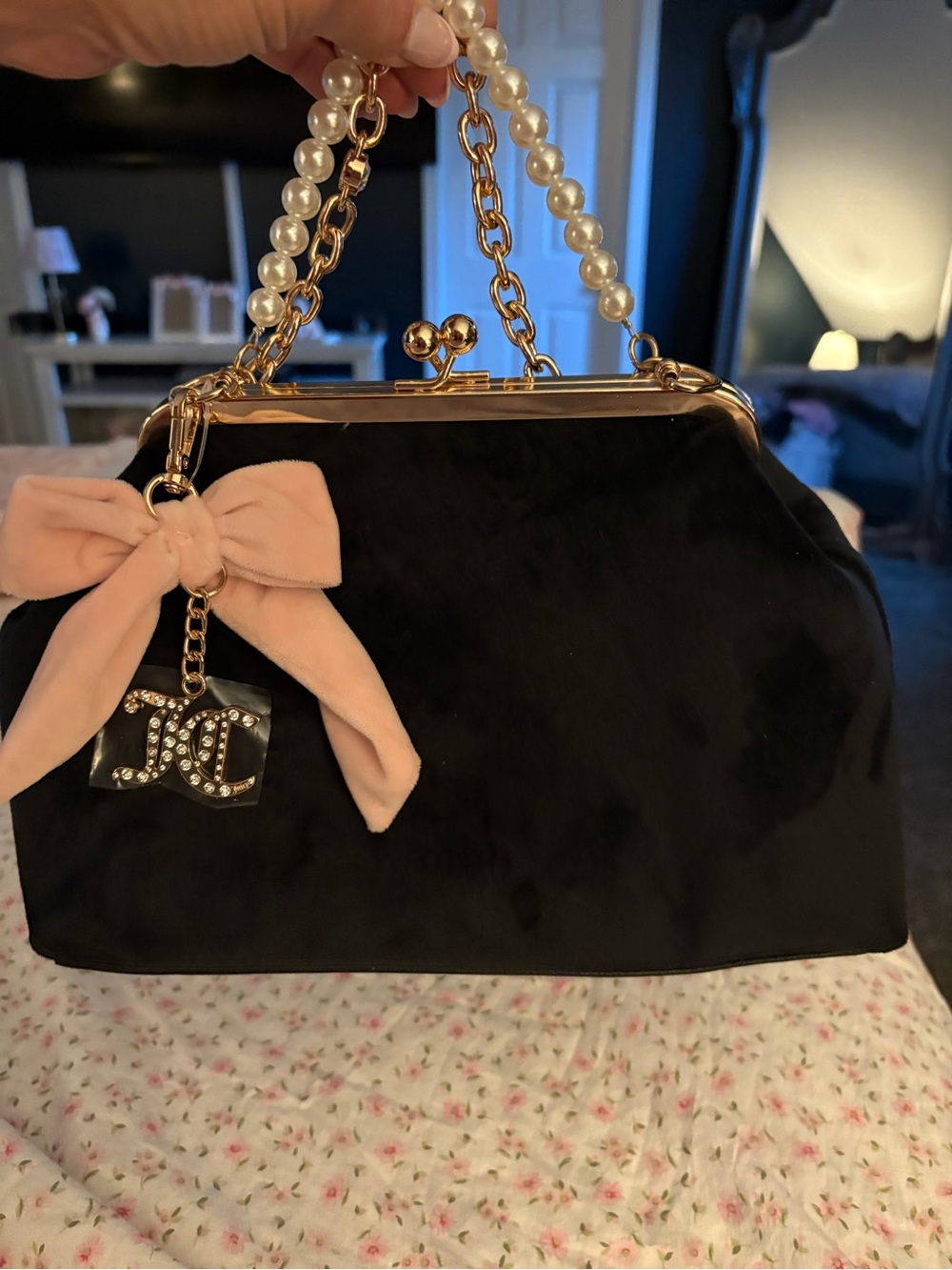 Juicy Couture Black Velvet Satchel with Pink Bow and Pearl Handle